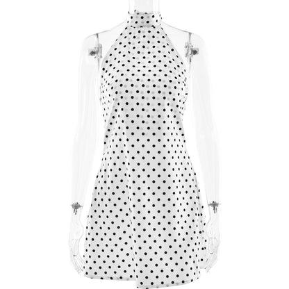 white polka dot round neck sleeveless mini dress