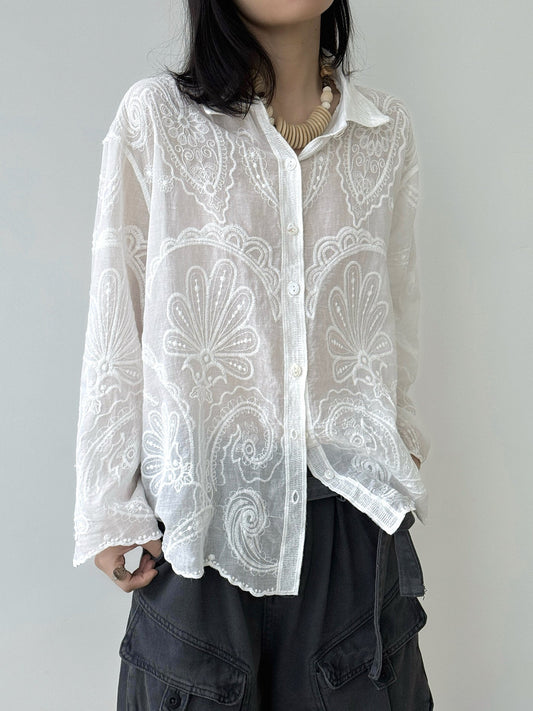 Lightweight Embroidered Paisley Cardigan Shirt - White
