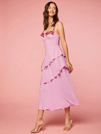 pink Cascading Ruffle Floral Decorative Dress