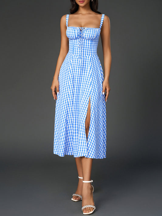 blue plaid herringbone slip slit backless chest tie long dress