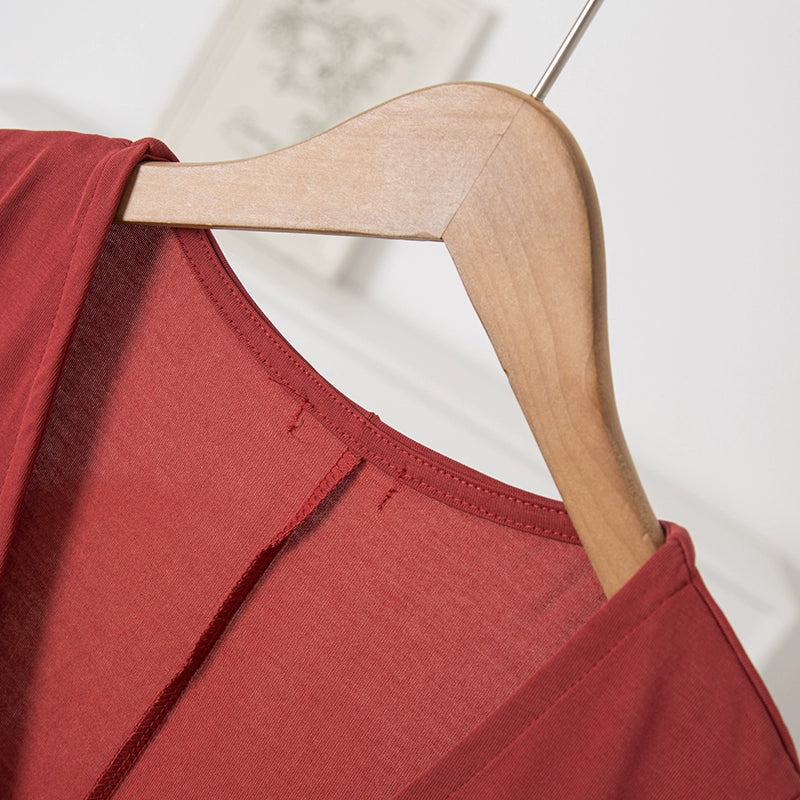 Brick red V-neck short-sleeved knitted dress