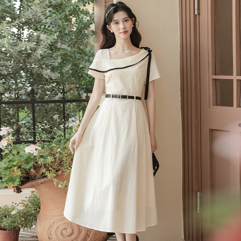 Short-sleeved asymmetrical shoulder midi dress - apricot