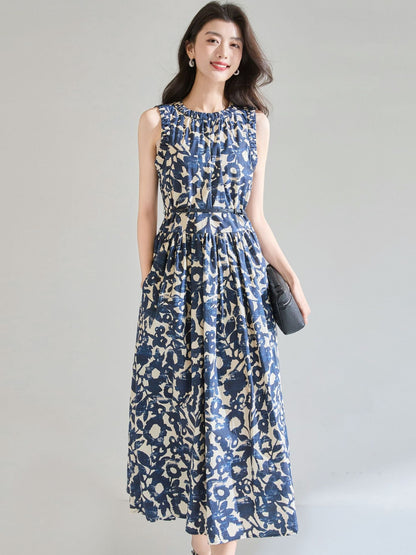 Hepburn-style sleeveless midi dress with oil painting print - blue