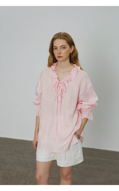 pink V-Neck Tie Shirt