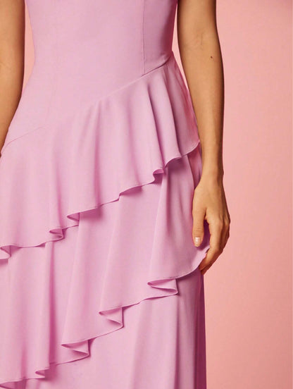 pink Cascading Ruffle Floral Decorative Dress