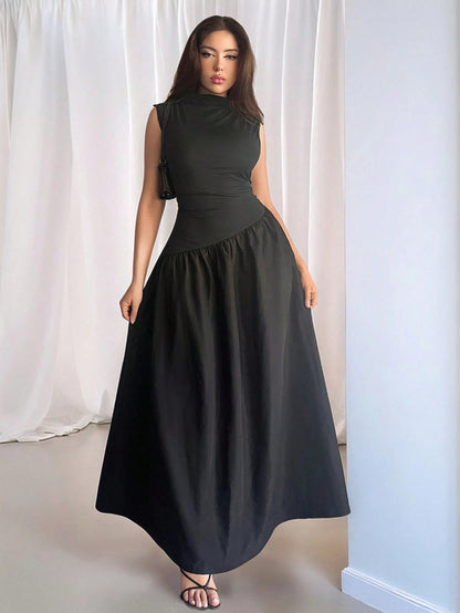 black sleeveless waist maxi dress