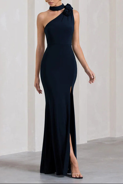 black One-shoulder slit three-dimensional floral dress