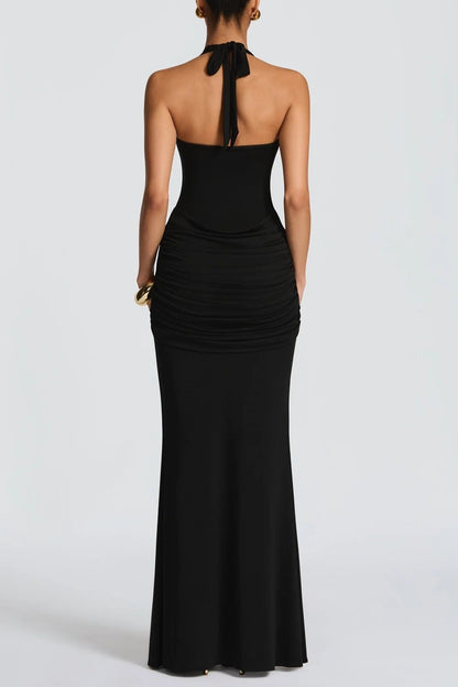black streamer splicing suspender halterneck dress