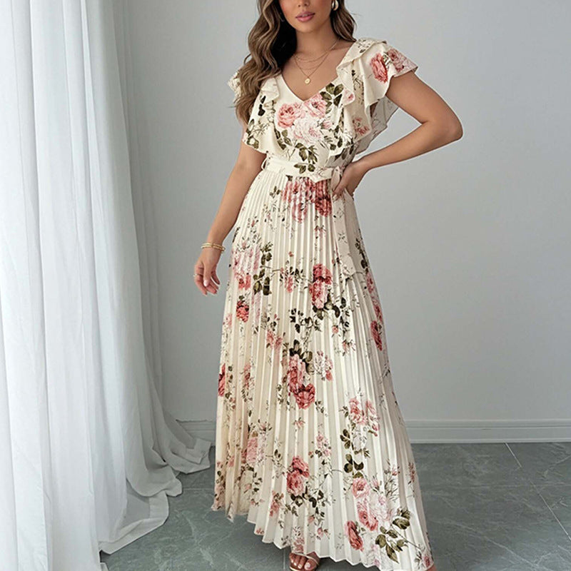 floral print ruffle sleeve V-neck pressed pleated long dress