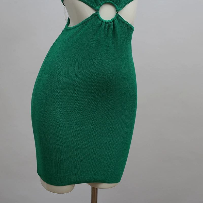 green hollow knitted mini dress