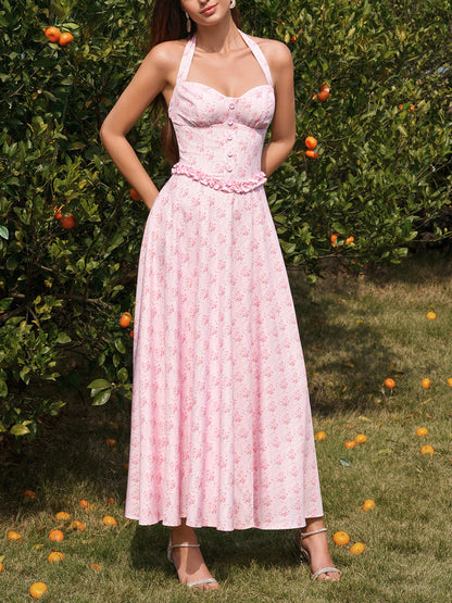 pink print Backless Halter-neck Tie-Up maxi Dress