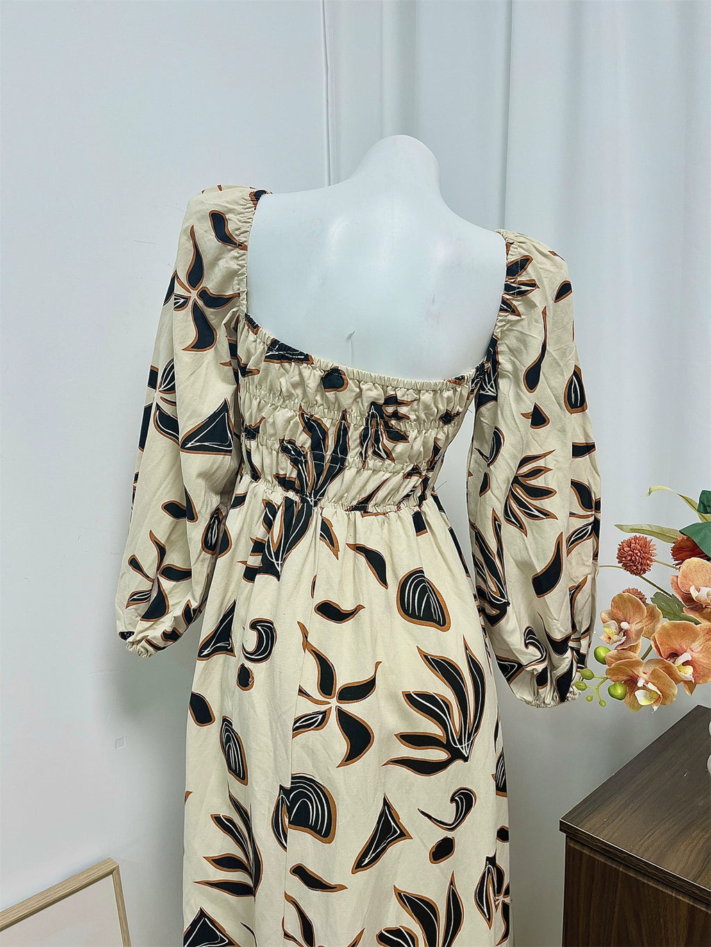 black square collar long sleeve dress