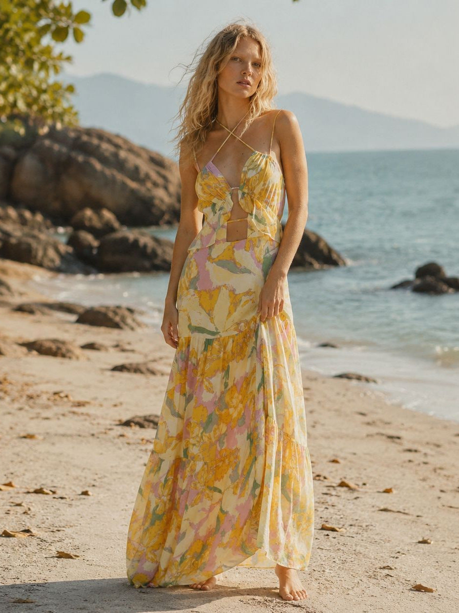 Cross-strap floral print cutout maxi dress - yellow