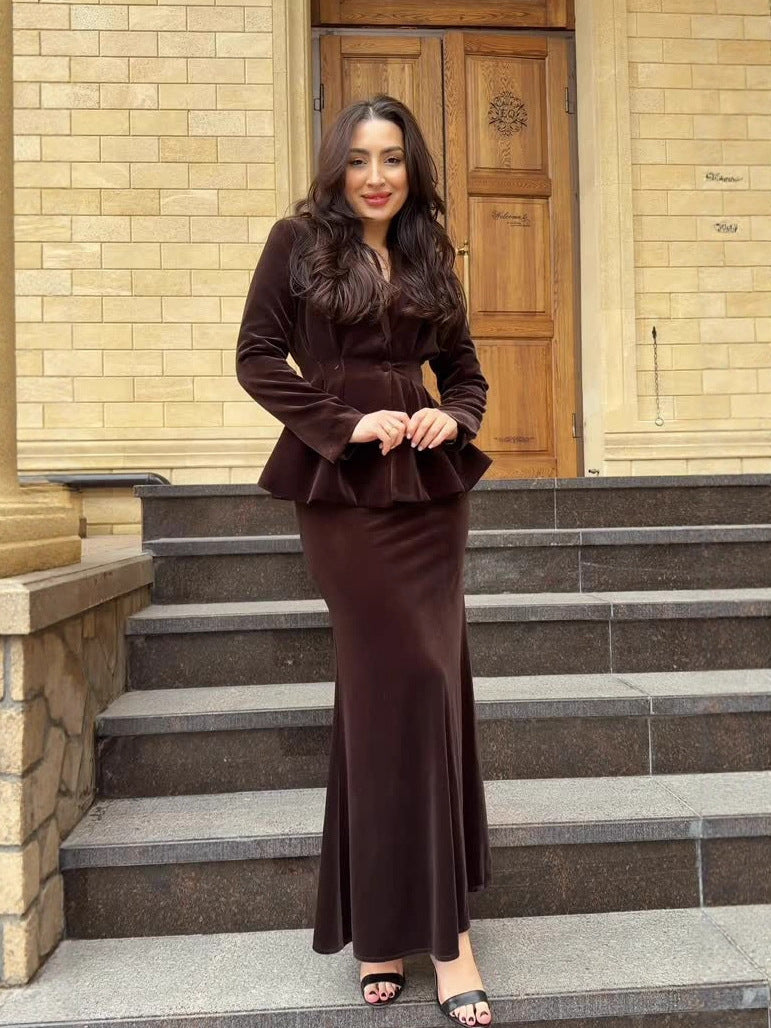 brown Long Sleeve Long Skirt Set