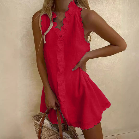 cotton linen embroidered ruffle mini dress