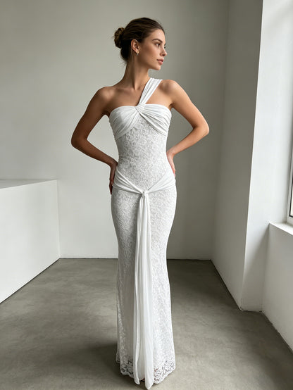 white slanted shoulder strap lace dress