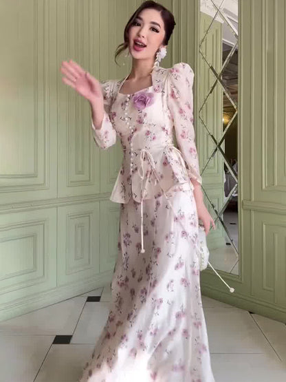 pink Floral Long Sleeve Top Long Skirt