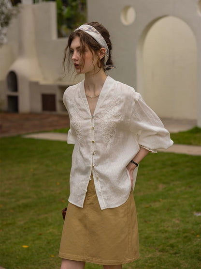 Linen jacquard V-neck rope embroidery shirt