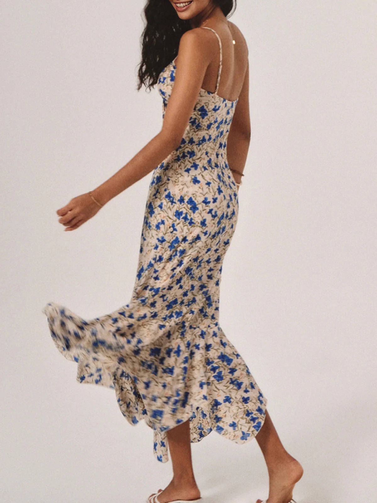 Floral V-Neck Tie-up Irregular Ruffled Mermaid Dress