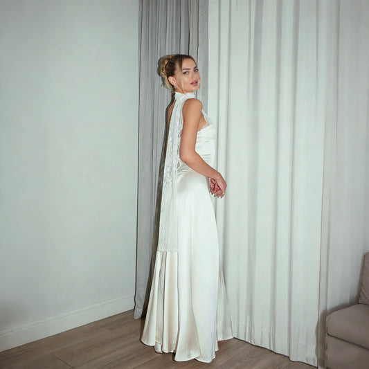 white halterneck lace patchwork satin dress