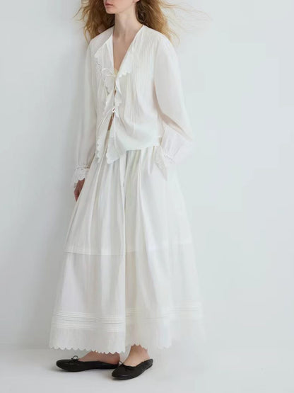 white Embroidered Lace Shoulder Tucker Cotton Lace-Up Shirt