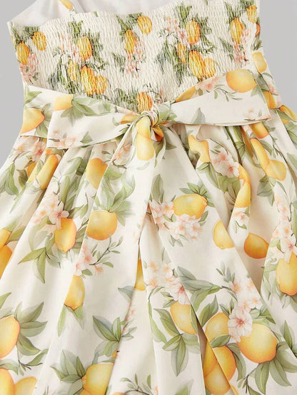 Lemon Bow Floral Suspender Waist Open Back  Dress