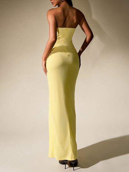 yellow mesh open back herring bone bandeau high slit dress