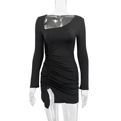 Black Asymmetrical Long-Sleeved Slit Bodycon Mini dress