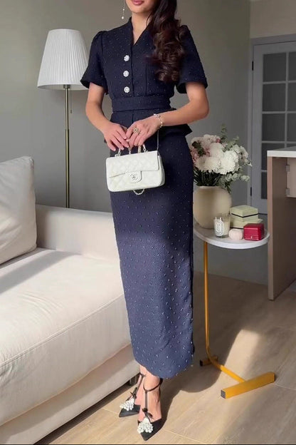 navy blue short-sleeved long skirt suit dress