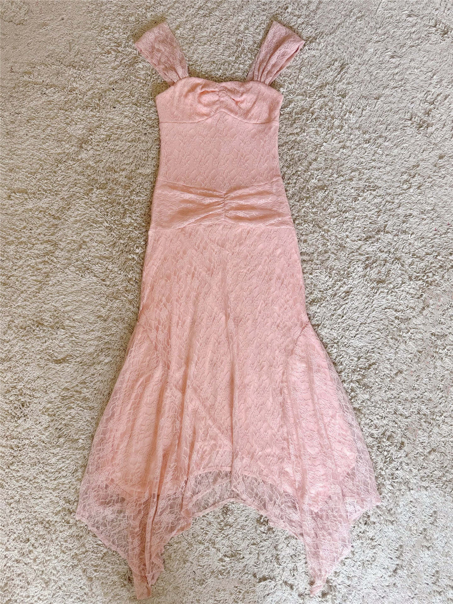 Bow Strap Ruched Lace Mermaid Midi Dress