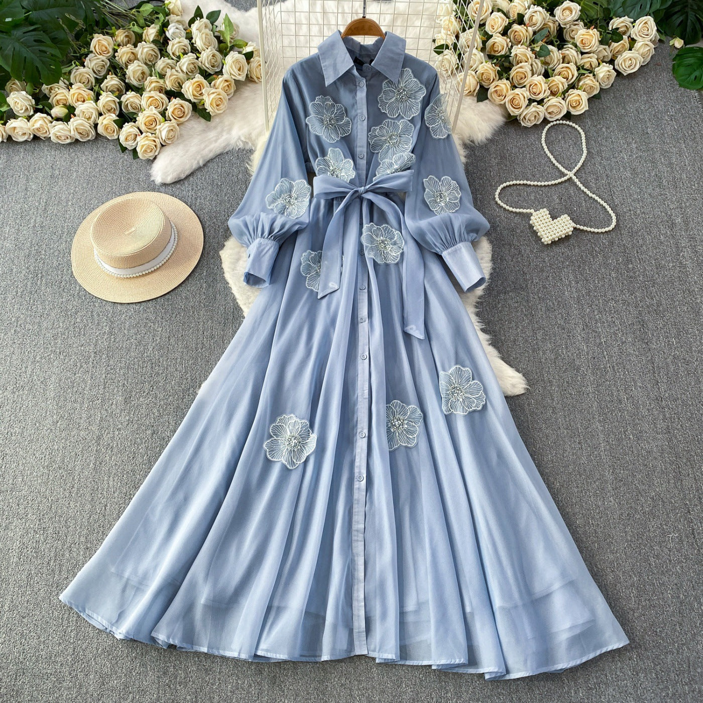 Summer Beaded 3D Floral Collar maxi Dress