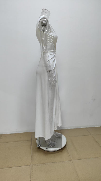 white Cutout Knot Slit V-Neck Sleeveless Pleated Irregular Dress