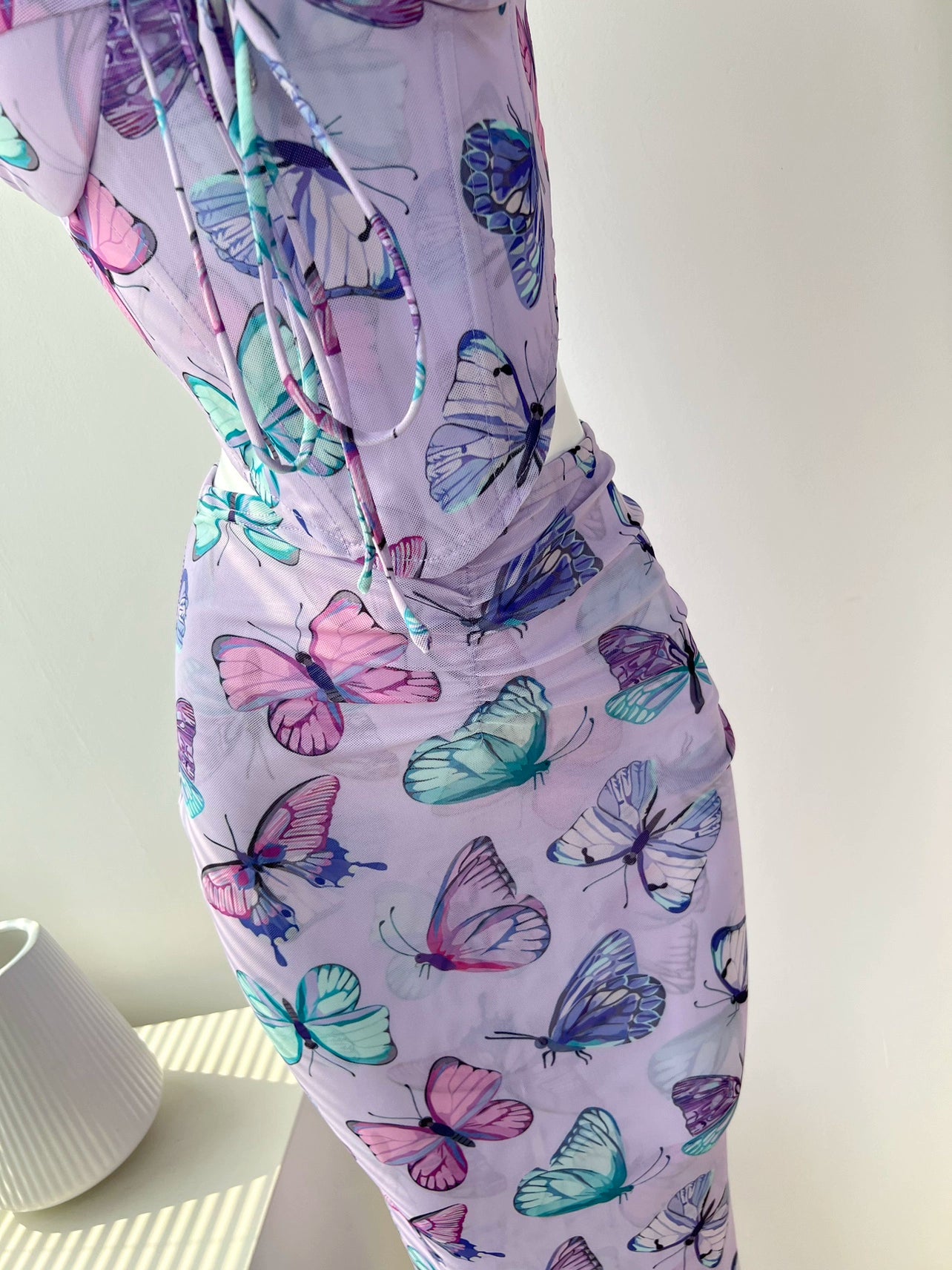 butterfly suspender mesh print fishbone skirt set
