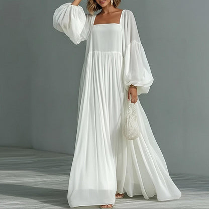 white square neck lantern sleeve dress