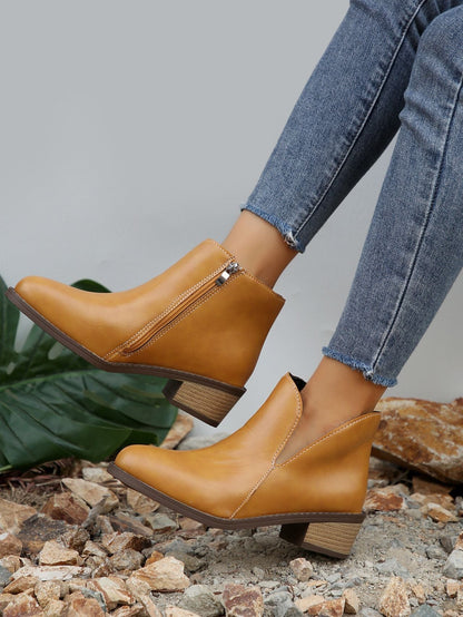 Asymmetric design zipper low thick heel chelsea boots