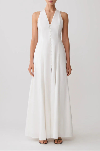 white V-neck slit skirt dress