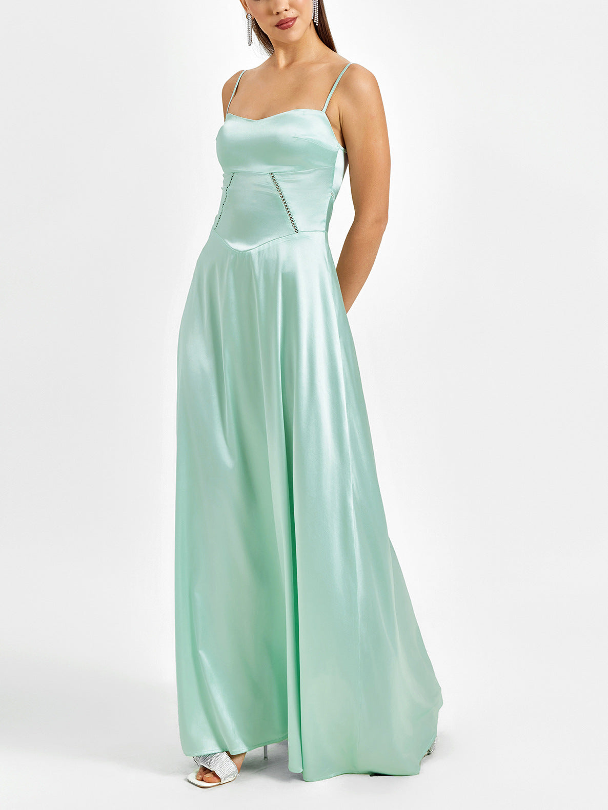 green matte satin backless slip dress