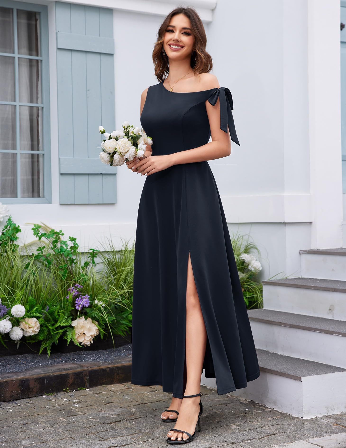 black Slanted Shoulder Strap Slit Dress