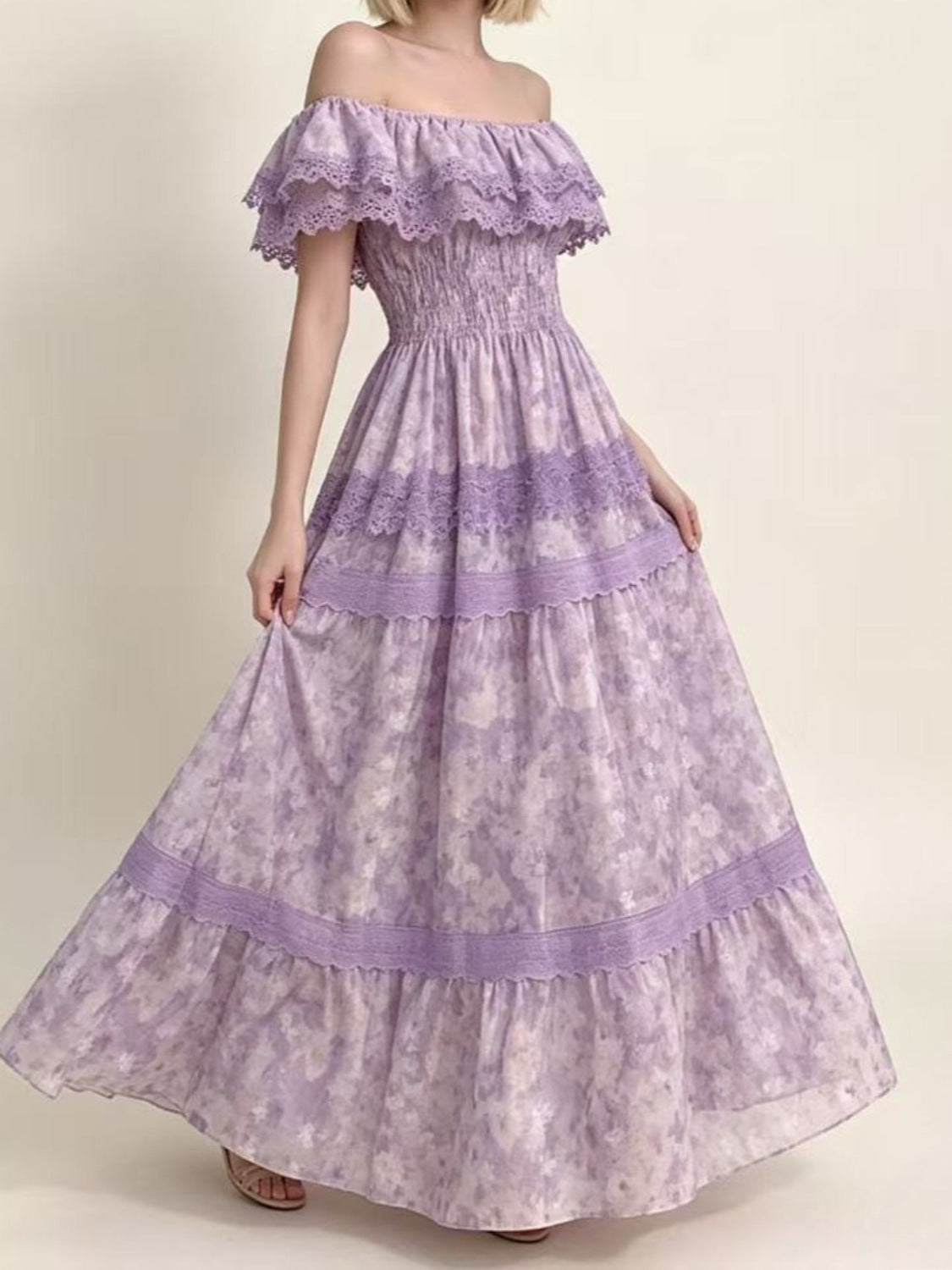printed lace patchwork off-shoulder ruffle maxi dress - purple