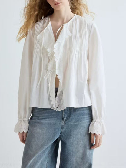 white Embroidered Lace Shoulder Tucker Cotton Lace-Up Shirt