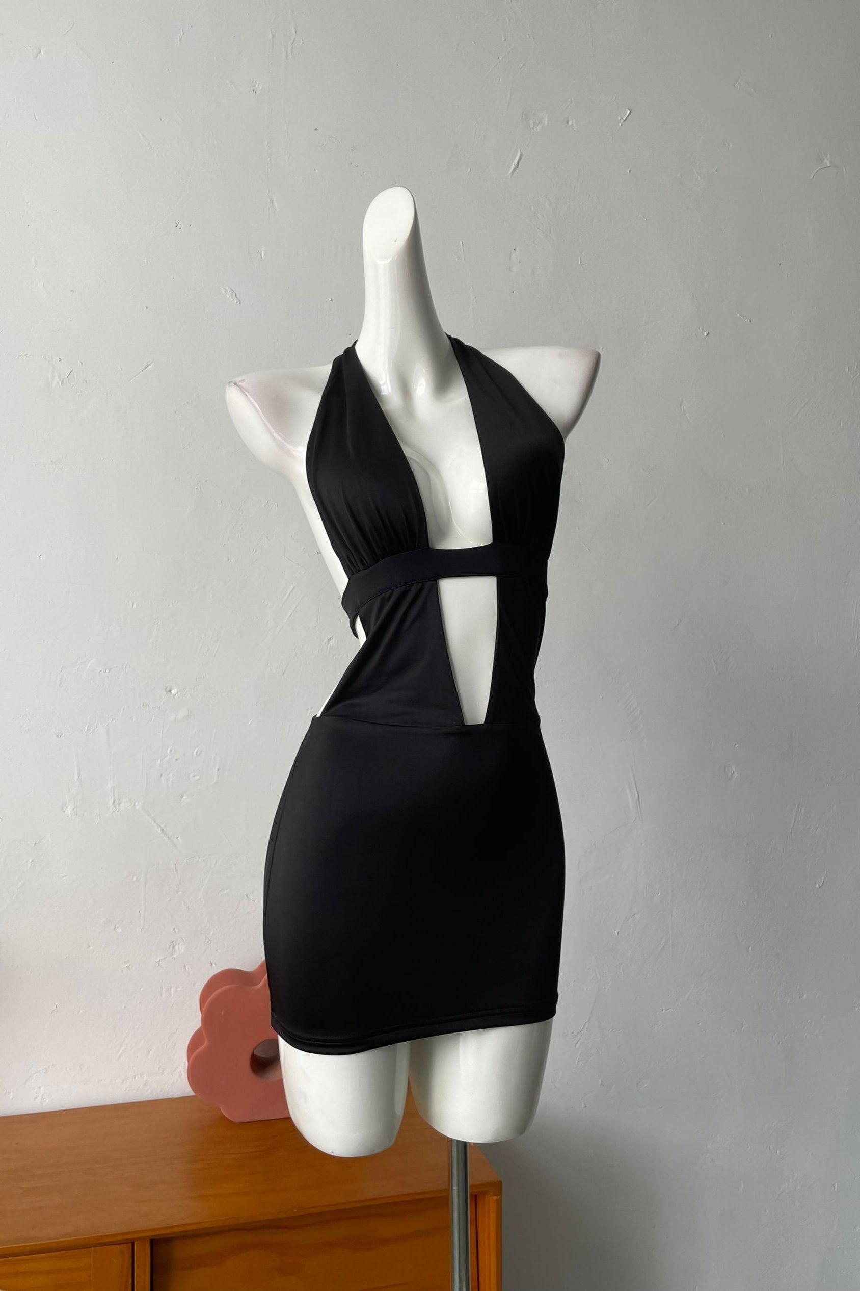 black halterneck open back mini dress