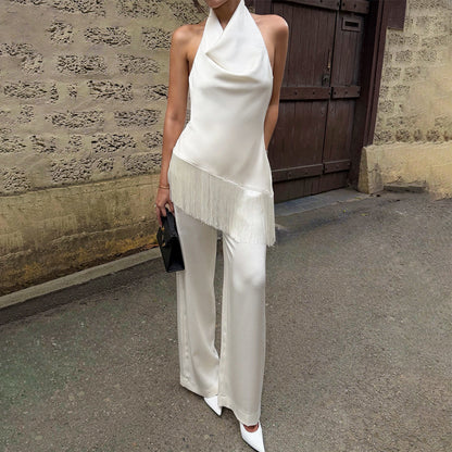 white Asymmetrical tassel halter neck tank top two-piece set