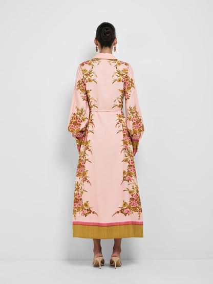Collared lantern Long-Sleeved floral print Vacation Maxi Dress - pink