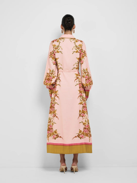 Collared lantern Long-Sleeved floral print Vacation Maxi Dress - pink