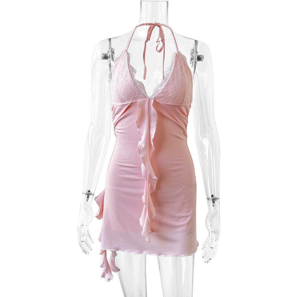 pink lace V-neck ruffled hem slip dress