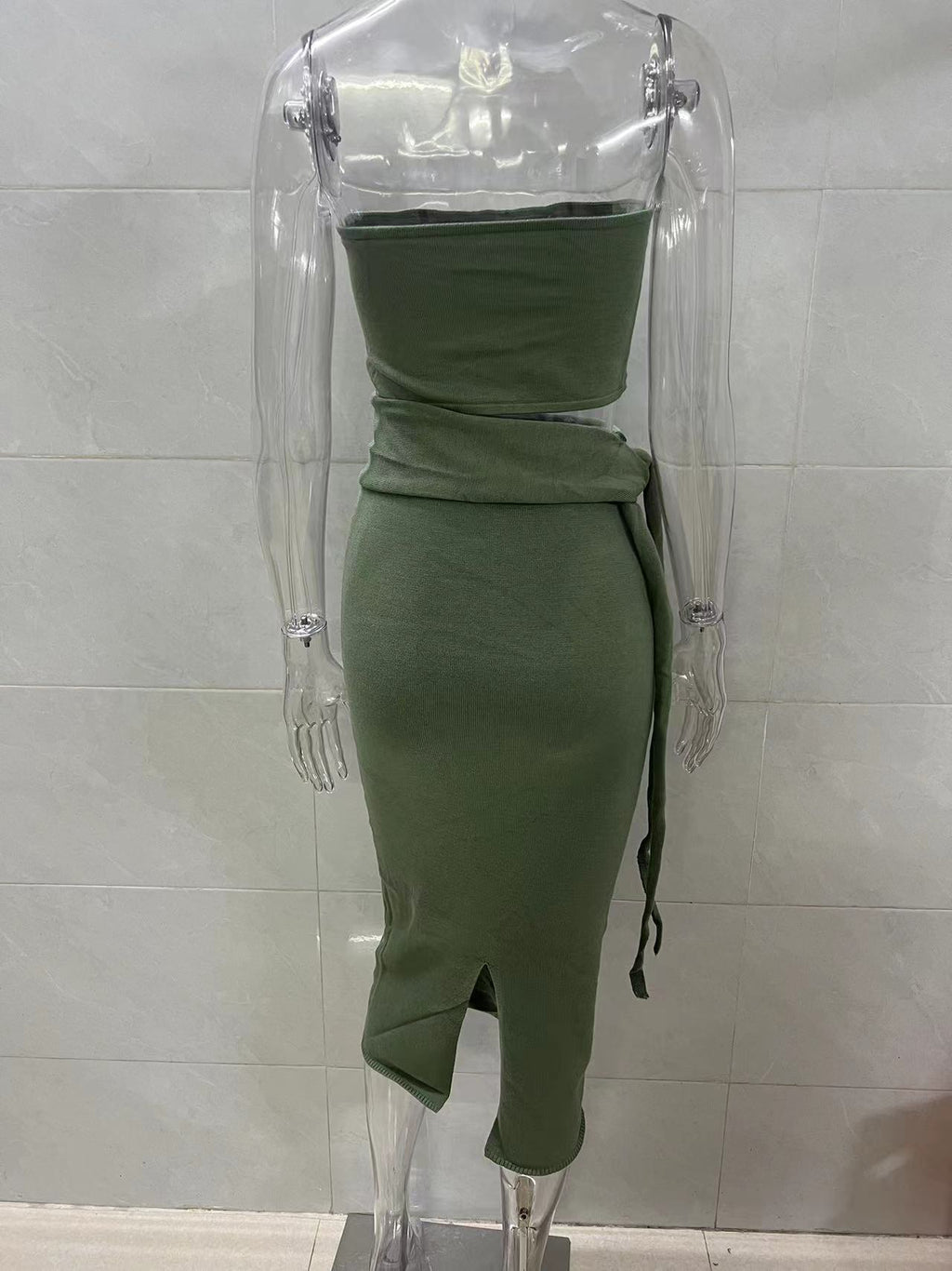green cut-out backless bandeau lace-up knitted dress