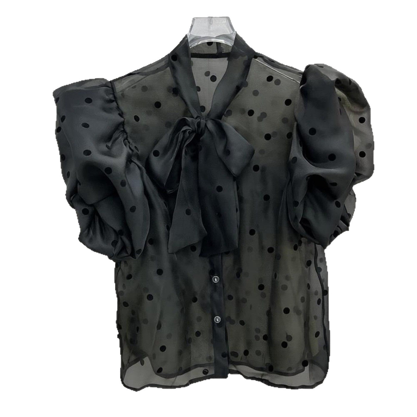 3D bow-tie puff sleeve polka dot sheer shirt