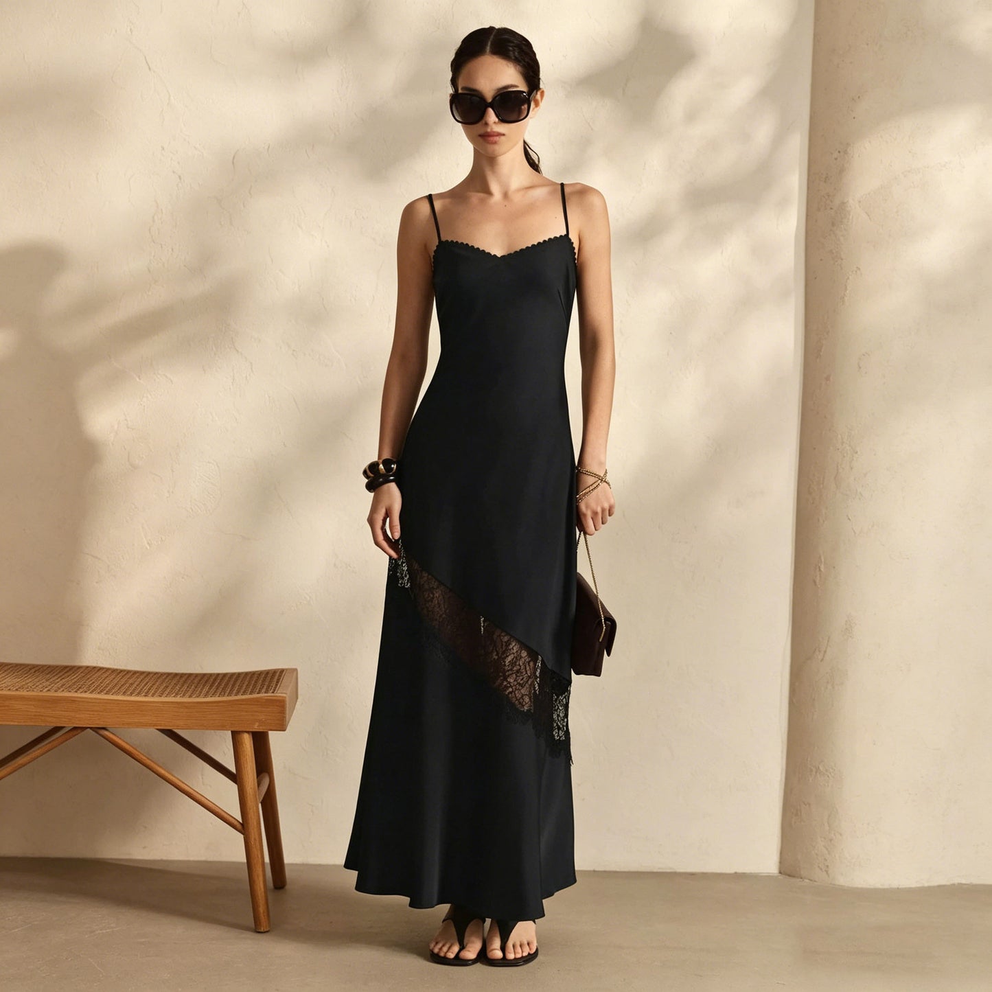 black lace spliced slip dress