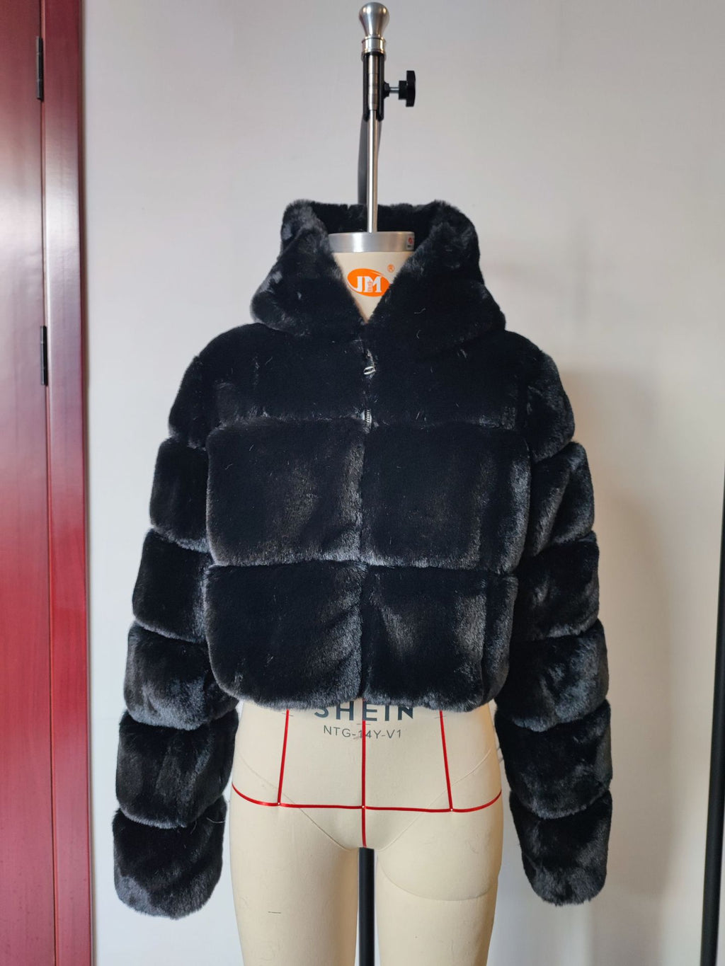 hooded imitation rabbit fur long sleeve spliced jacket