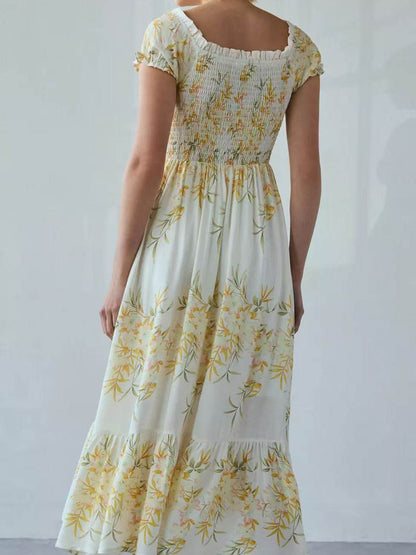 yellow floral pleated puff sleeve dress